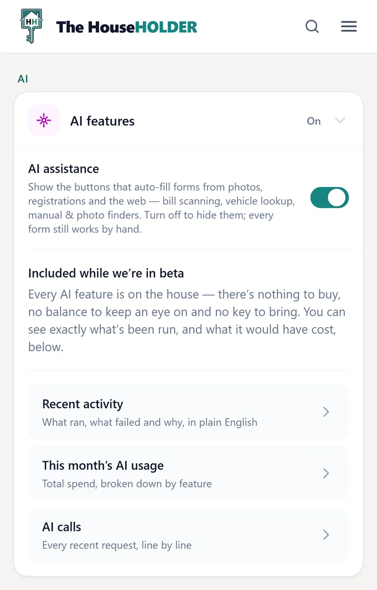 The AI features settings panel: one AI assistance toggle switched on, a note that every AI feature is included, and three links — Recent activity, This month's AI usage, and AI calls.