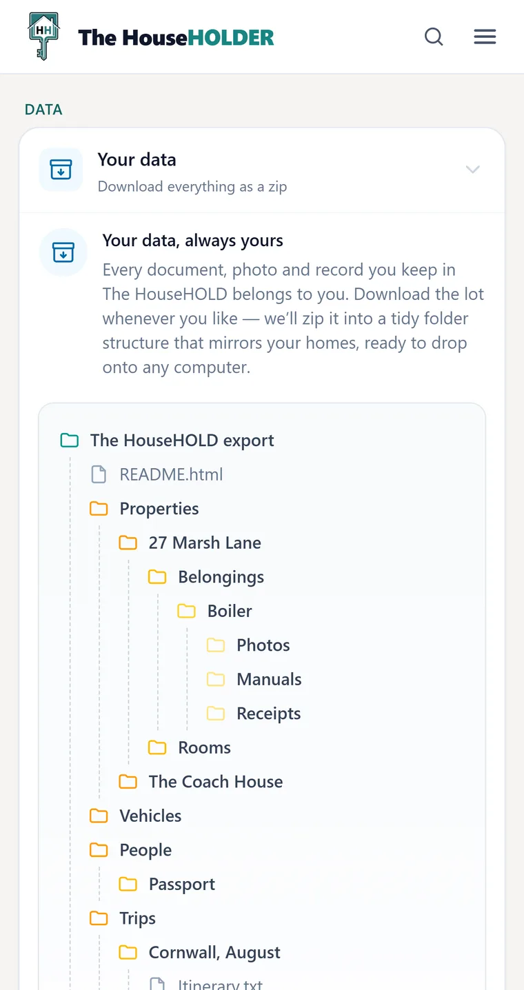 The Your data settings panel, showing the folder tree the export produces: a README, then Properties containing each house, its Belongings with the boiler's photos, manuals and receipts, then Rooms, Vehicles, People, Trips and Kids HQ.