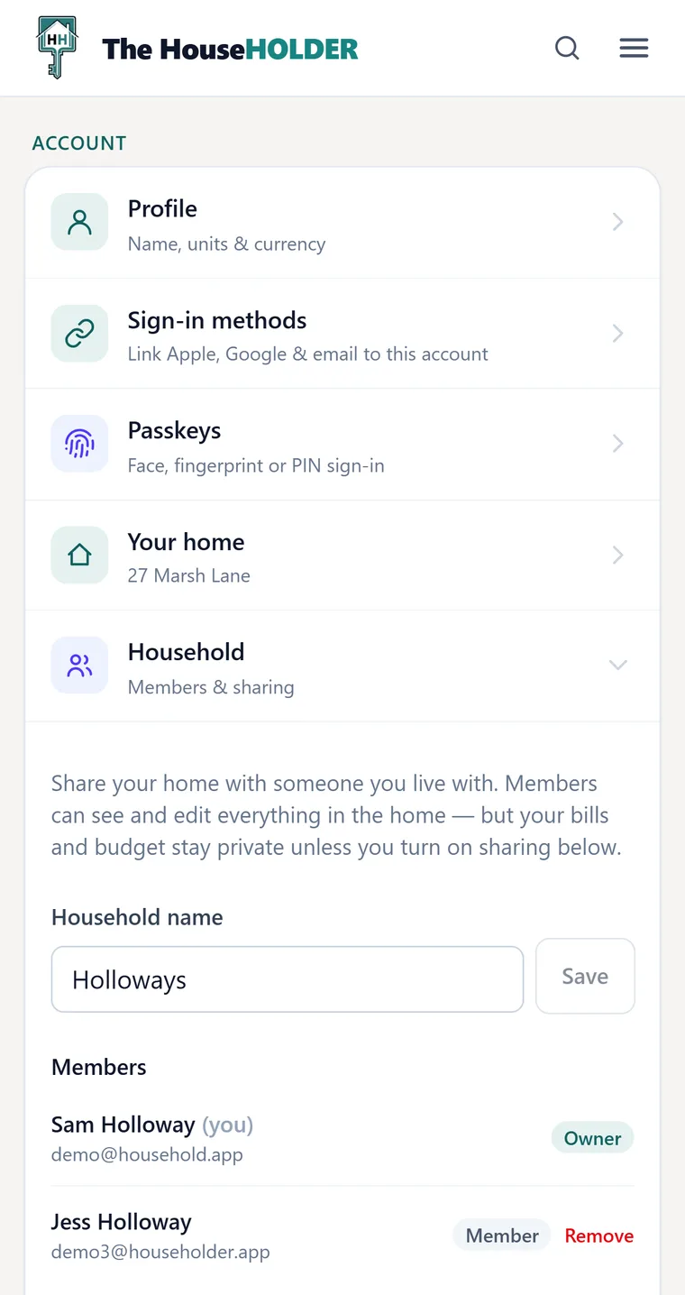 The Household settings panel: a line explaining that members see and edit everything but bills and budget stay private, the household name, then two members listed — one marked Owner, one marked Member.