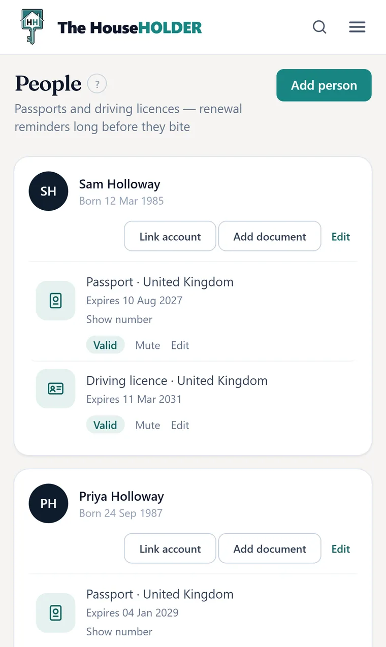 The People page: each family member listed with their passport and driving licence, each showing an expiry date, a Show number link and a green Valid pill.