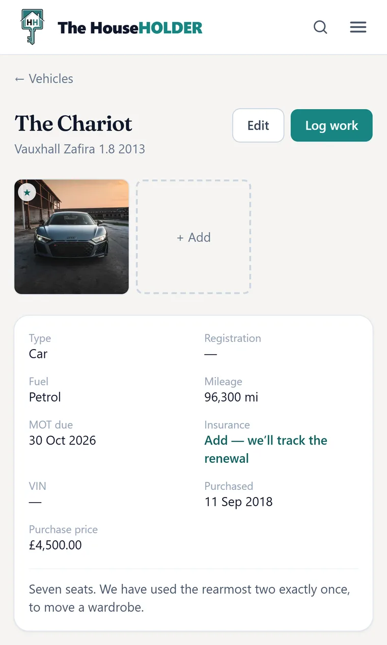 A car's own page in the app: its nickname, make and model, a photo, then type, fuel, mileage, MOT due date, insurance, purchase date and price, and a note about the seats.