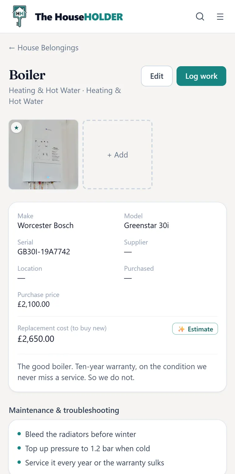 A boiler's own page in the app: make, model, serial number, purchase price, replacement cost, a note about its warranty, and a list of maintenance tips.