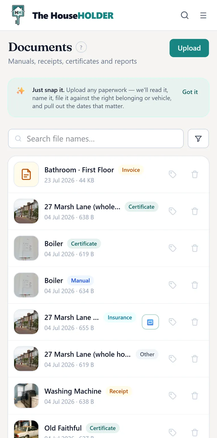 A list of household documents, each with a thumbnail and a label saying what it is: invoice, certificate, manual, insurance, receipt.