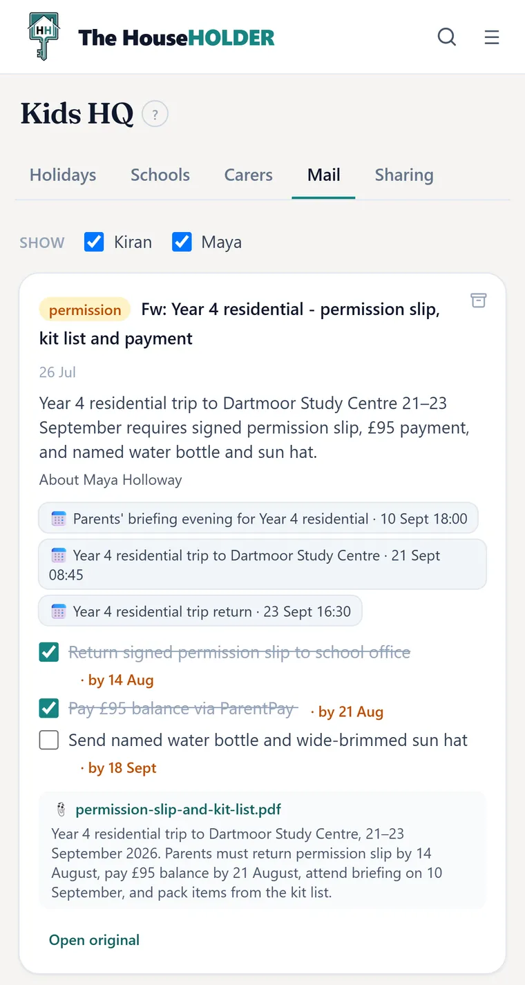 A forwarded school email about a Year 4 residential trip, shown as a three-line summary, three calendar dates and three to-dos with deadlines, two of them already ticked off.