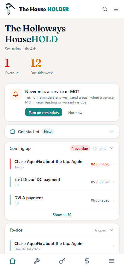 The House Holder dashboard on a phone, showing what's overdue and due this week