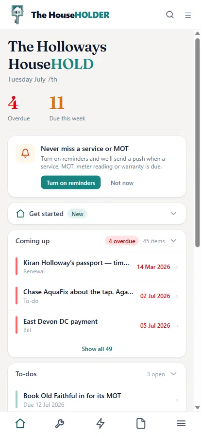 The HouseHOLDER dashboard on a phone, showing what's overdue and due this week