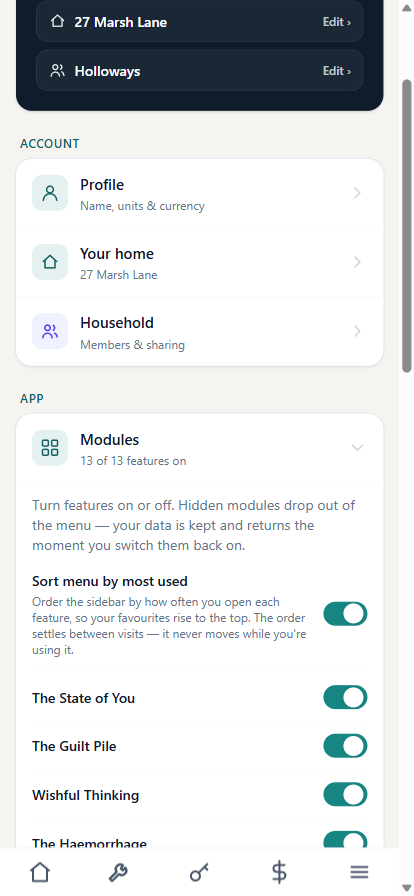 Settings with sarcastic mode on: modules renamed to The Haemorrhage, The Guilt Pile, Wishful Thinking