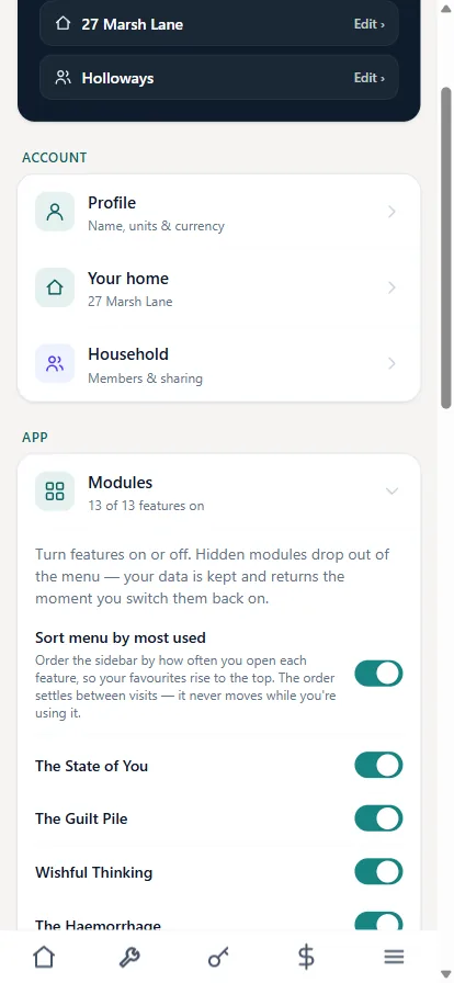 Settings with sarcastic mode on: modules renamed to The Haemorrhage, The Guilt Pile, Wishful Thinking