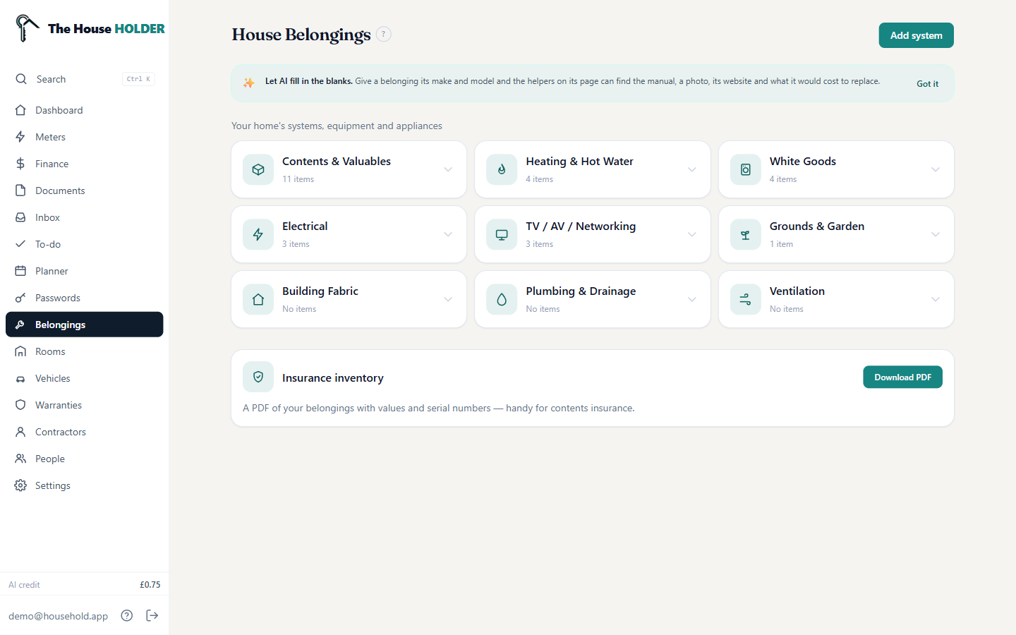Belongings grouped into home systems on desktop