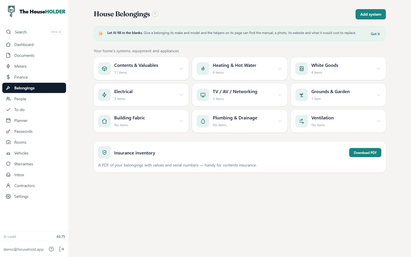 Belongings grouped into home systems on desktop