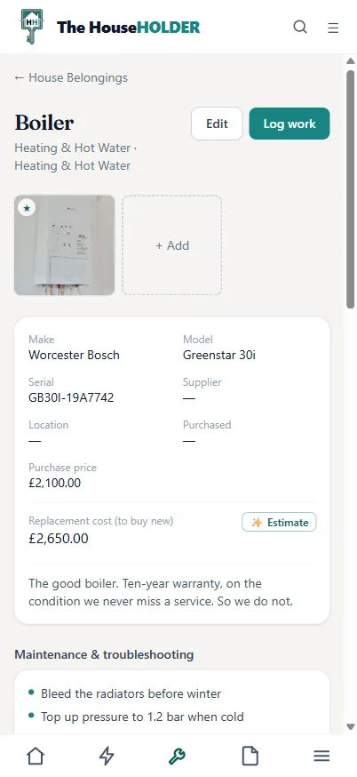 The boiler&rsquo;s page on a phone — make, model, serial, replacement estimate and maintenance tips