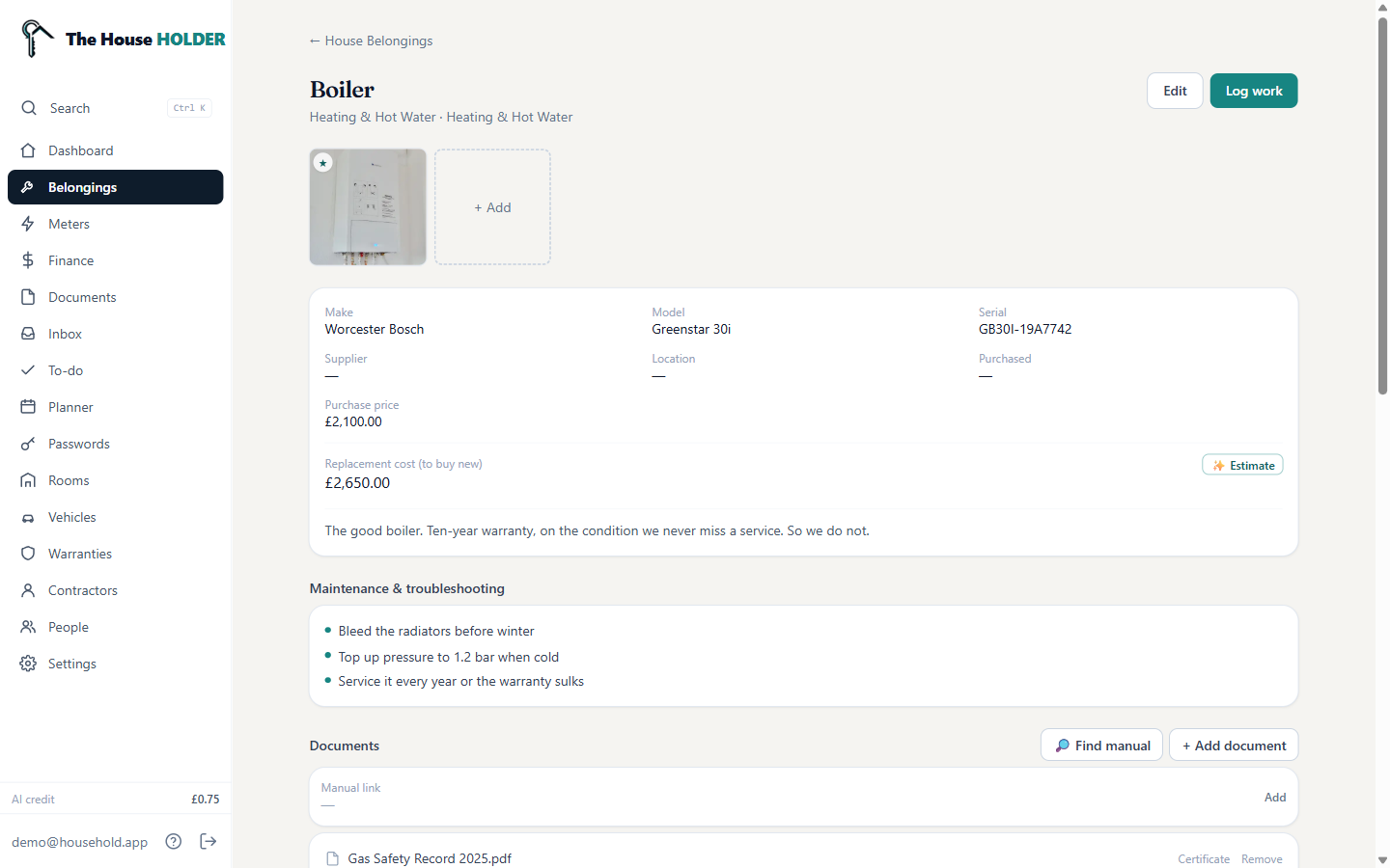 Boiler detail page: make, model, serial, replacement estimate and maintenance notes