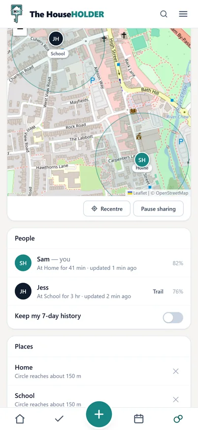 Our Bubble on a phone: one private household map with two dots — Jess at School, Sam at Home — each inside a named 150-metre circle, and a People list reading &ldquo;At Home for 41 min&rdquo; and &ldquo;At School for 3 hr&rdquo; with battery levels