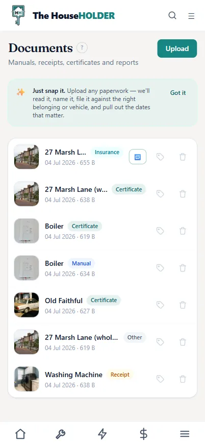 The Documents page on a phone — everything forwarded, read, named and filed