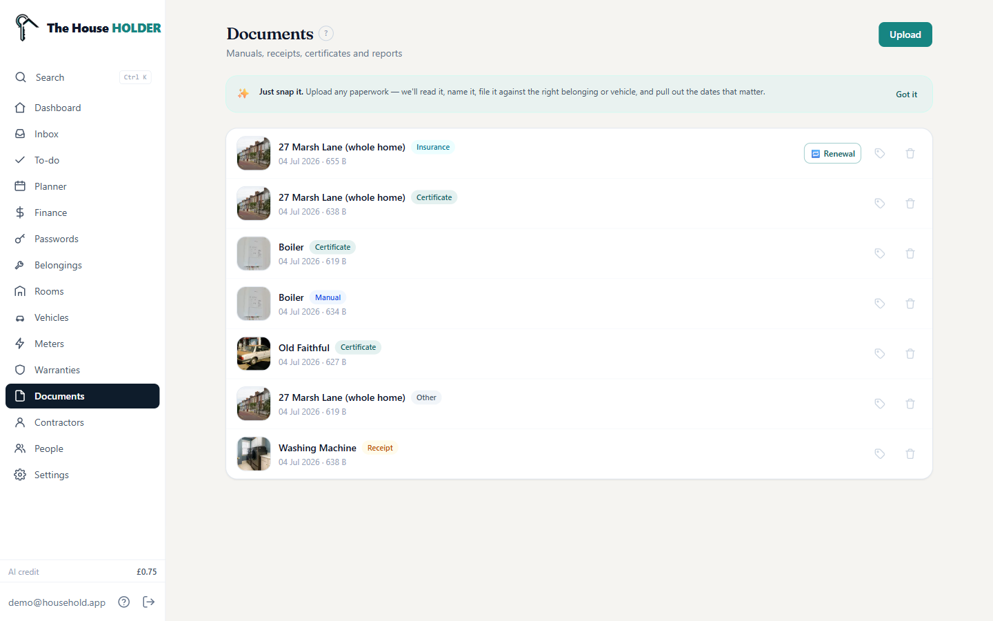 Documents page: paperwork read, named and filed against the right belonging