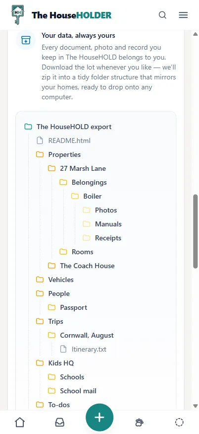 The data export on a phone: a folder tree that mirrors your properties — belongings, the boiler with its photos, manuals and receipts, vehicles, people, trips and Kids HQ