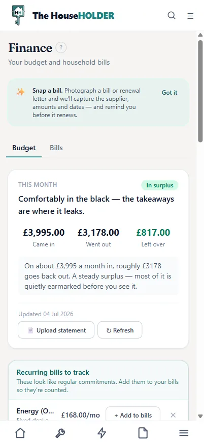 The Finance page on a phone — money in, money out and what is left over