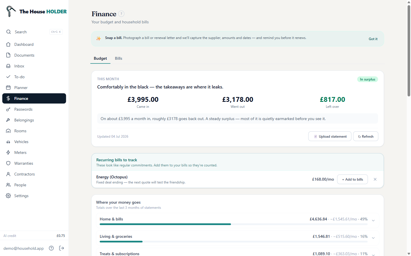 Finance page showing money in, money out and where it goes