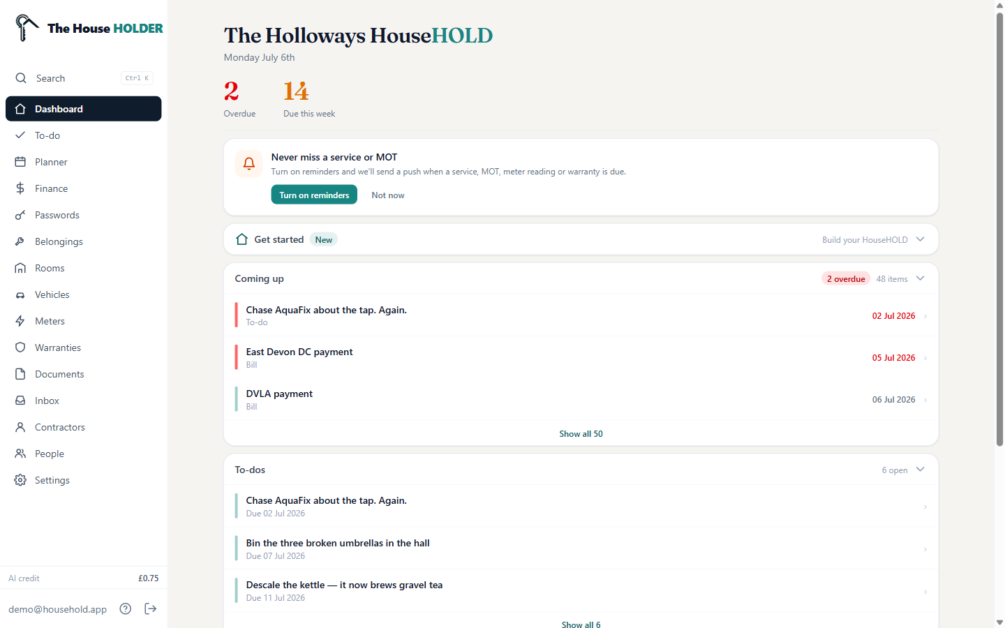The House Holder desktop dashboard with sidebar navigation