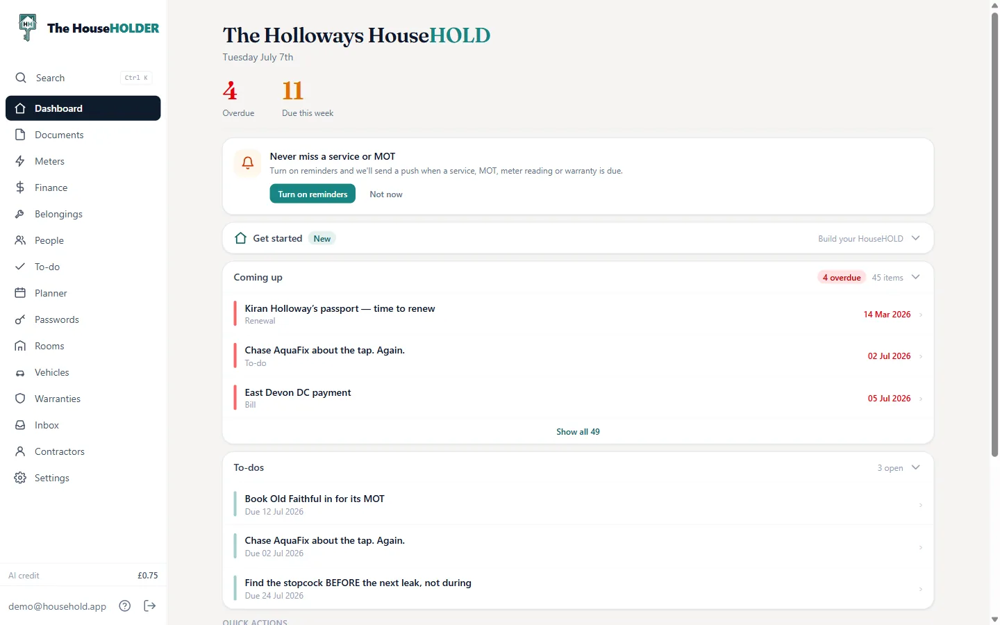 The HouseHOLDER desktop dashboard with sidebar navigation