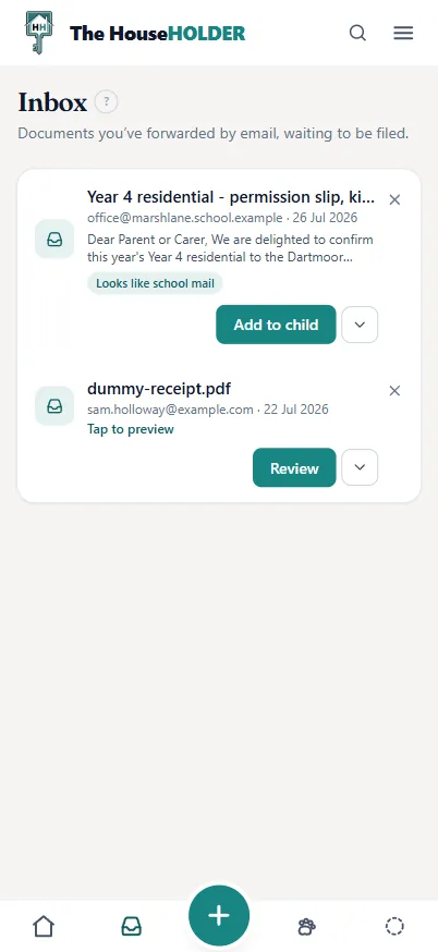 The Inbox on a phone: a forwarded school email recognised as school mail, and a receipt waiting to be reviewed