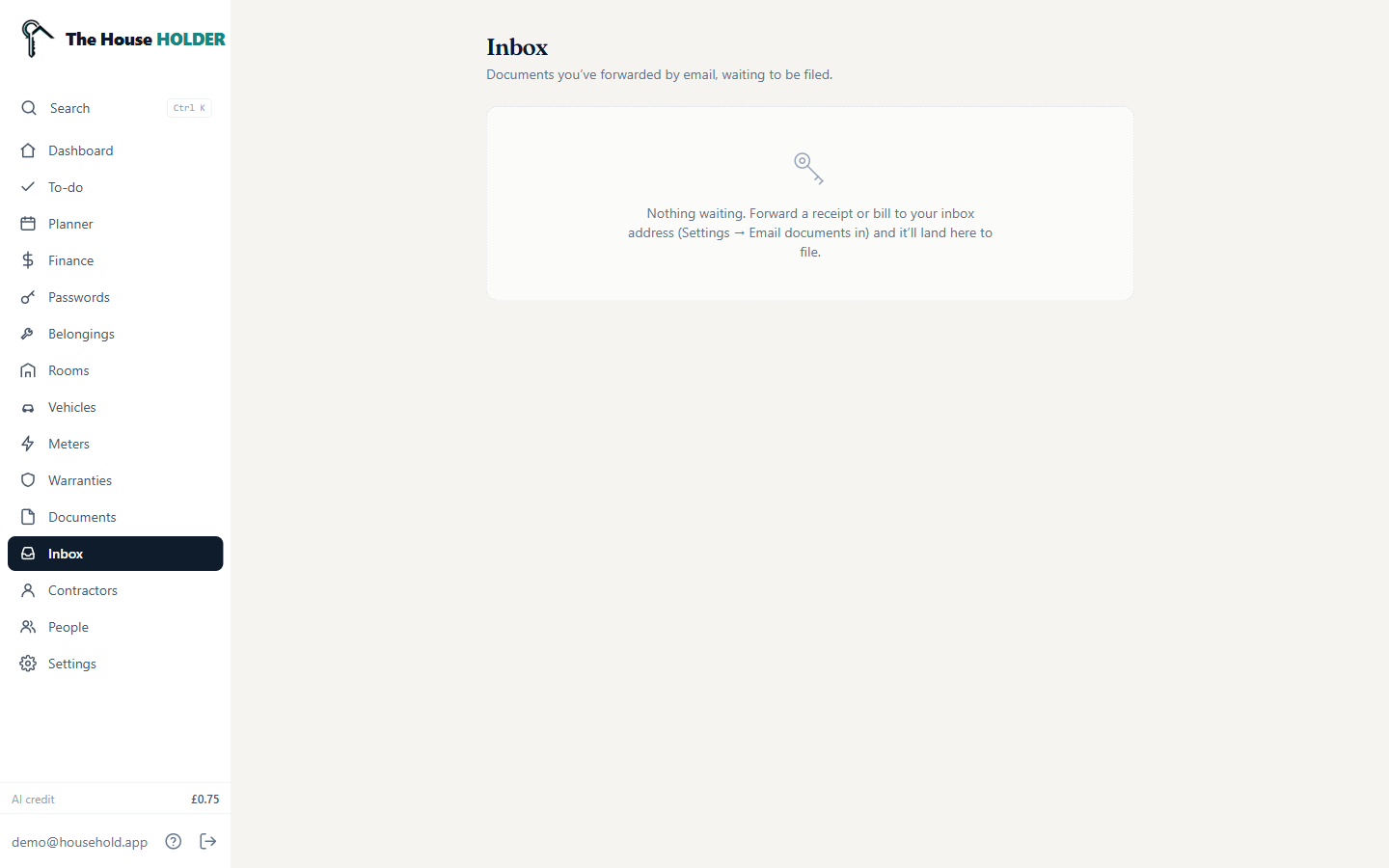 Empty inbox with a single tidy line explaining what will land here