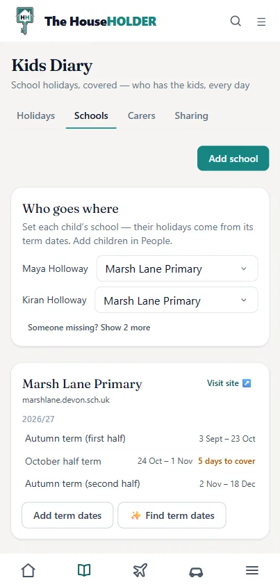 The Kids HQ schools view on a phone: each child&rsquo;s school and its term dates, with the half-term holiday and how many days it needs cover