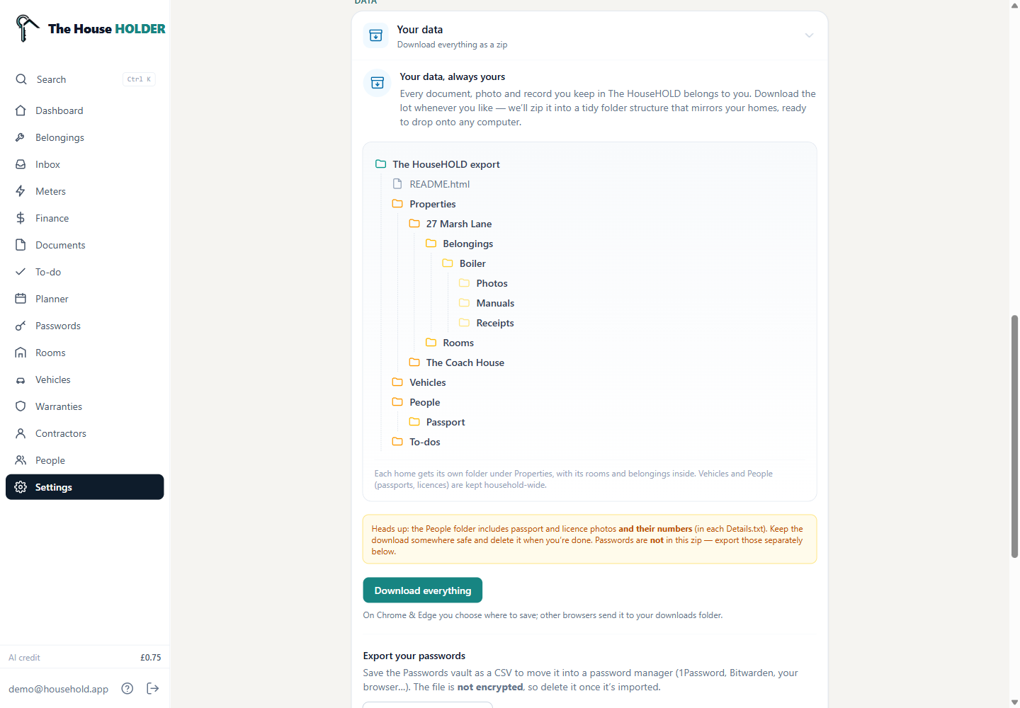 Data export: a folder tree that mirrors your properties, with a heads-up that passports and passwords are handled separately