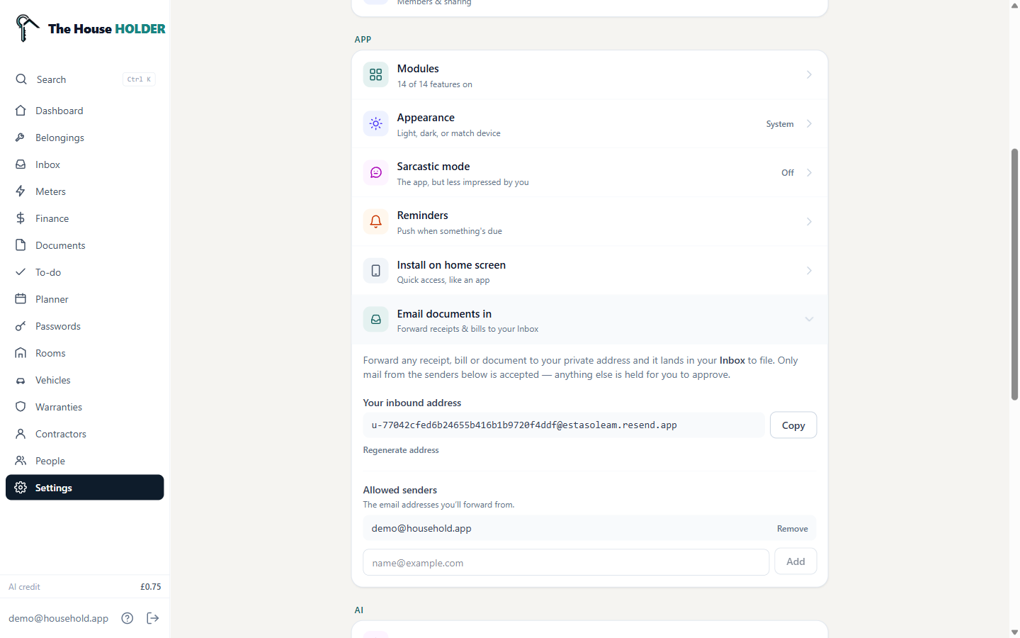 Settings: your private inbound email address and the list of allowed senders