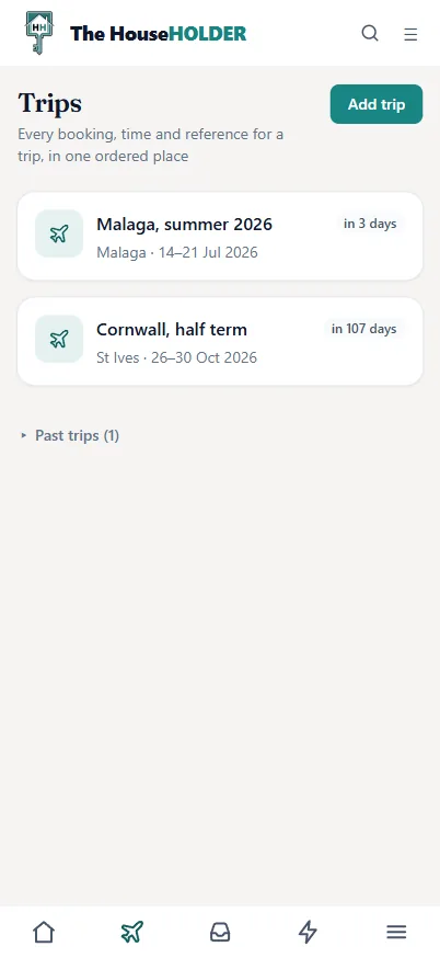 The Trips list on a phone: Malaga in 3 days, Cornwall in 107 days, past trips filed underneath