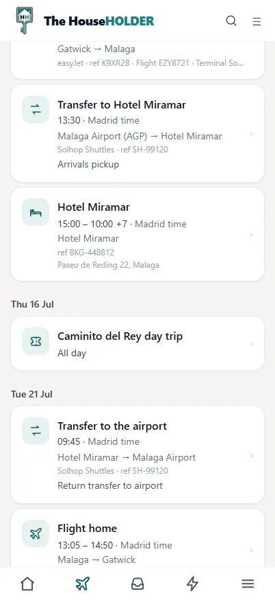 A holiday itinerary on a phone, grouped day by day — hotel check-in in Madrid time, an all-day activity, the transfer and the flight home, each with its booking ref